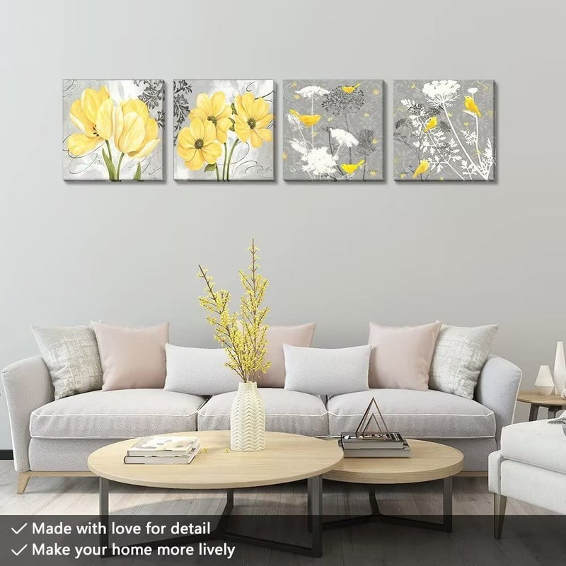 Wall HDQ Yellow Gray Picture Wall Art for Bathroom Wall Decor Flowers Canvas Prints Framed 4 Panels - Image 3